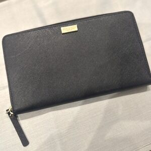 Kate Spade Black Saffiano Leather Zip Around Large Wallet Organizer Clutch Gold